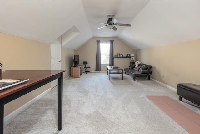 1842 Swynford Ln, Collierville, TN 38017 - bonus room featuring vaulted ceiling, light carpet, baseboards, visible vents, and a ceiling fan