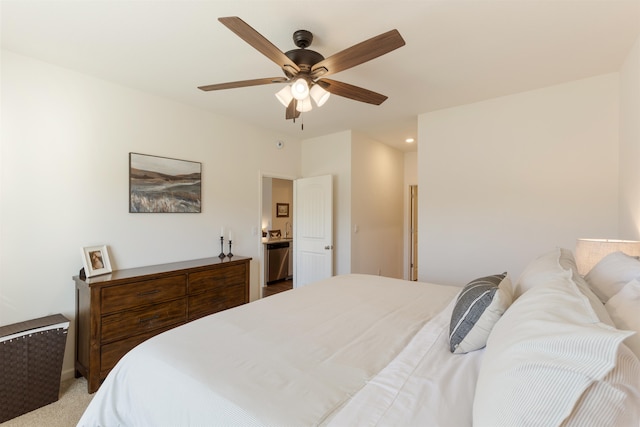 carpeted bedroom with ceiling fan