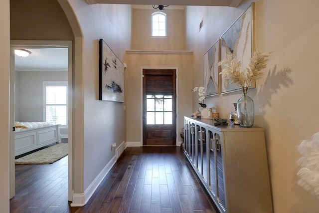 foyer featuring crown molding and dark hardwood / wood-style flooring