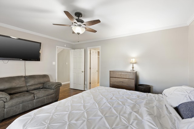 bedroom featuring ceiling fan, crown molding, and dark hardwood / wood-style flooring