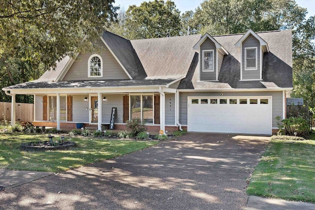 view of front of house featuring a front yard, a garage, and covered porch