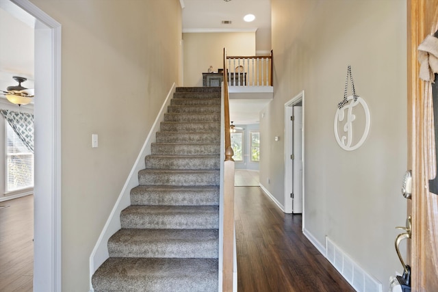 stairway with ceiling fan, wood-type flooring, and a wealth of natural light