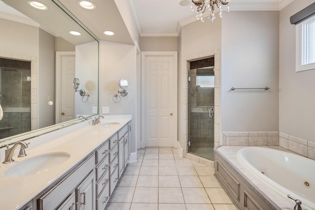 bathroom featuring vanity, crown molding, shower with separate bathtub, and tile patterned flooring