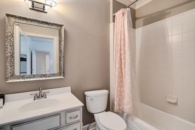 full bathroom featuring toilet, crown molding, shower / bath combo, and vanity