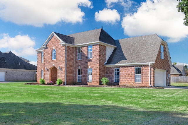 view of front of property with a front yard and a garage