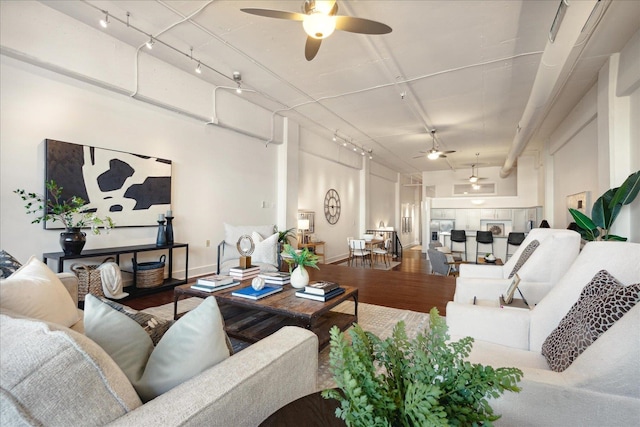 living room with hardwood / wood-style floors and ceiling fan