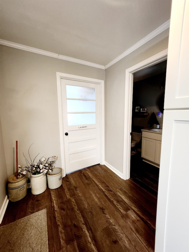 doorway to outside featuring dark hardwood / wood-style flooring and crown molding