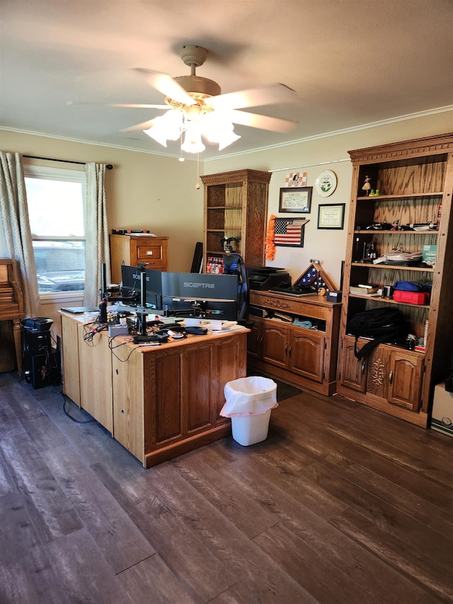 office featuring dark wood-type flooring, ceiling fan, and crown molding