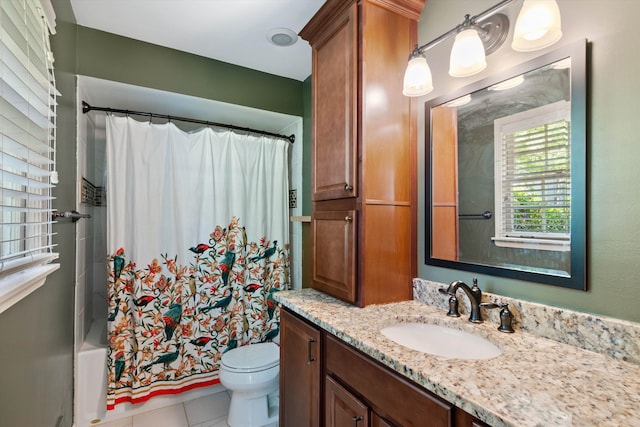 full bathroom with vanity, tile patterned flooring, toilet, and shower / bathtub combination with curtain