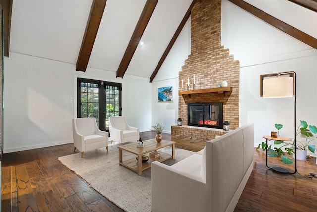 living room with french doors, dark hardwood / wood-style flooring, a brick fireplace, beamed ceiling, and high vaulted ceiling