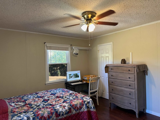 bedroom with dark hardwood / wood-style flooring, ornamental molding, a textured ceiling, and ceiling fan