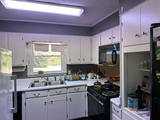 kitchen with white cabinetry, a textured ceiling, black appliances, crown molding, and sink