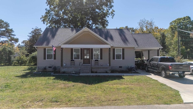 view of front of property with a front yard and covered porch