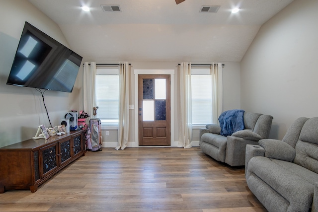 living room featuring lofted ceiling, wood-type flooring, and a healthy amount of sunlight