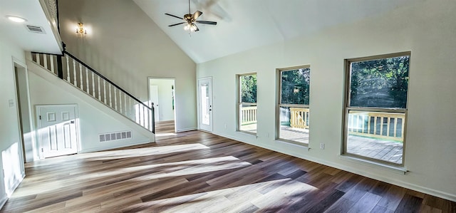 unfurnished living room featuring hardwood / wood-style floors, high vaulted ceiling, and ceiling fan