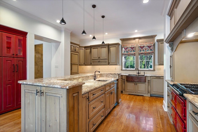 kitchen with an island with sink, crown molding, sink, pendant lighting, and light wood-type flooring