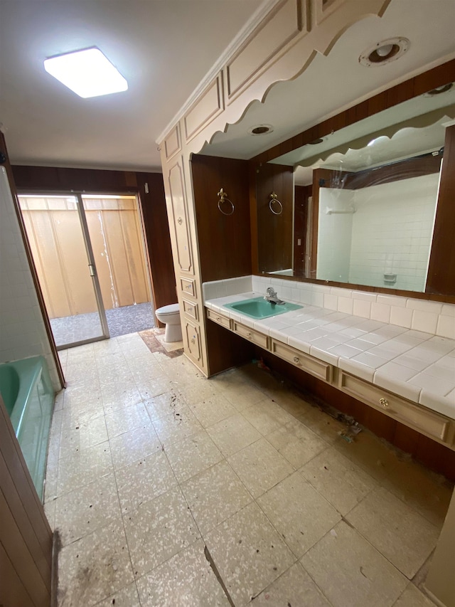 full bathroom featuring vanity, bathtub / shower combination, decorative backsplash, and toilet