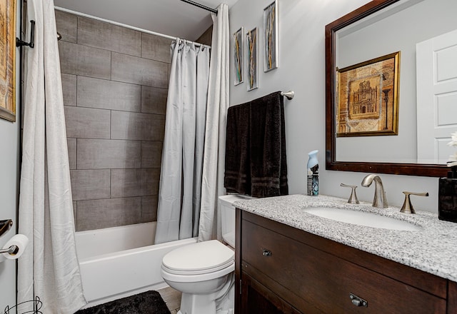 full bathroom featuring vanity, toilet, tile patterned flooring, and shower / tub combo with curtain