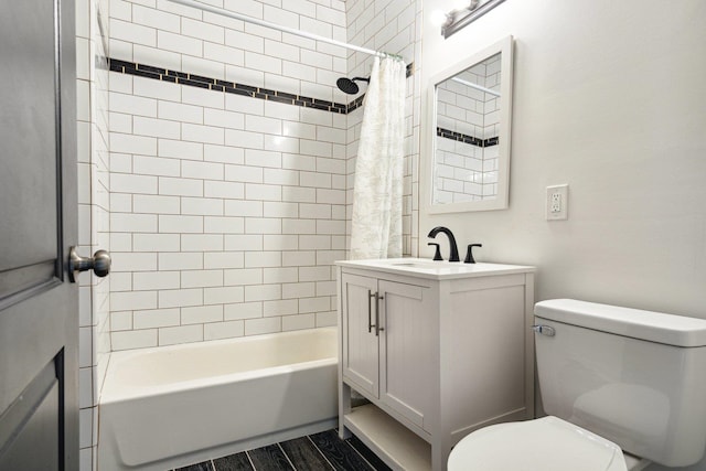 full bathroom with vanity, toilet, and shower / bathtub combination with curtain