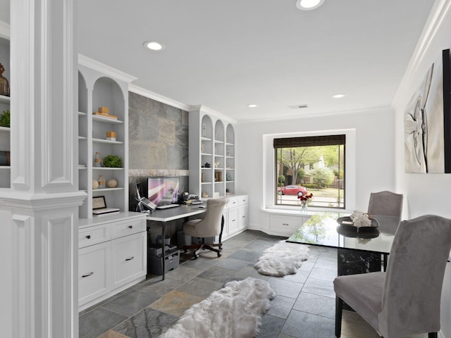 office area featuring crown molding and decorative columns