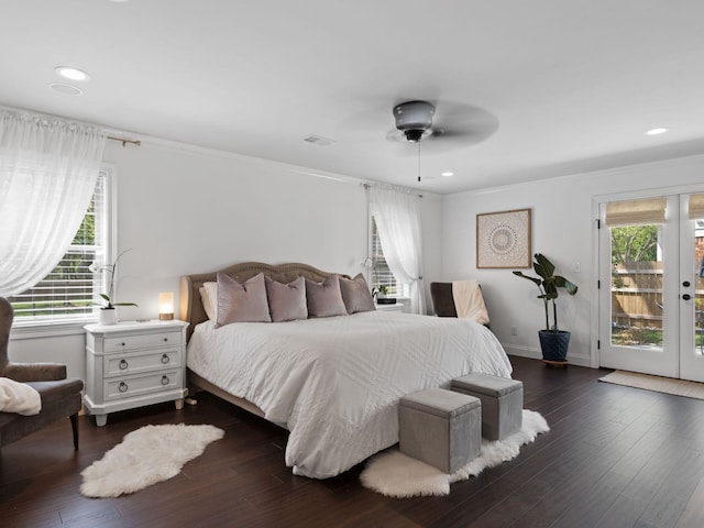 bedroom featuring dark hardwood / wood-style flooring, crown molding, access to exterior, and ceiling fan