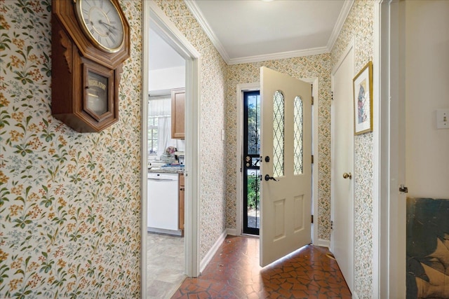 entrance foyer featuring crown molding and a wealth of natural light