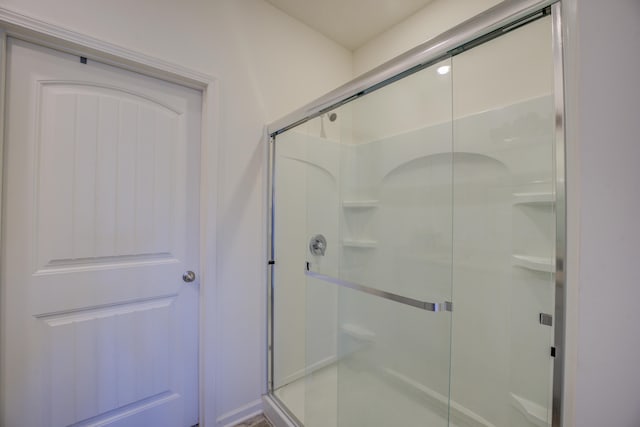 bathroom featuring a shower with shower door