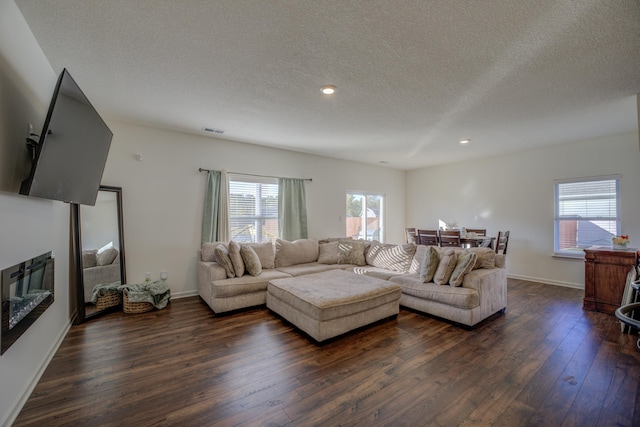 living room with dark wood-type flooring and a textured ceiling