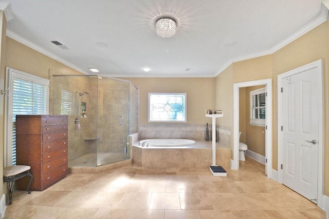 bathroom with toilet, visible vents, a shower stall, and a bath