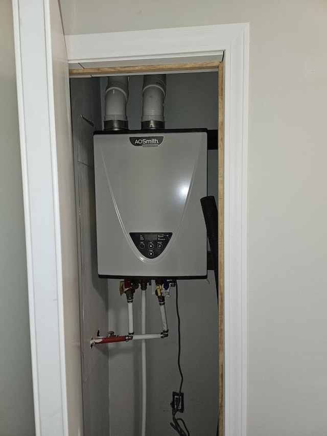 utility room with tankless water heater