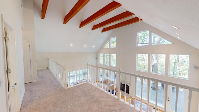 hall with light colored carpet, beam ceiling, and high vaulted ceiling