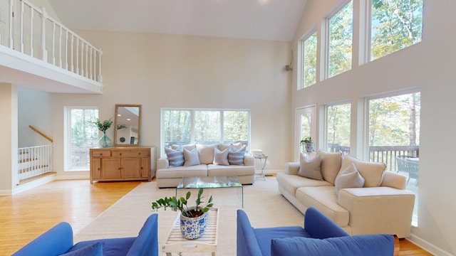 living room featuring light hardwood / wood-style flooring and a high ceiling