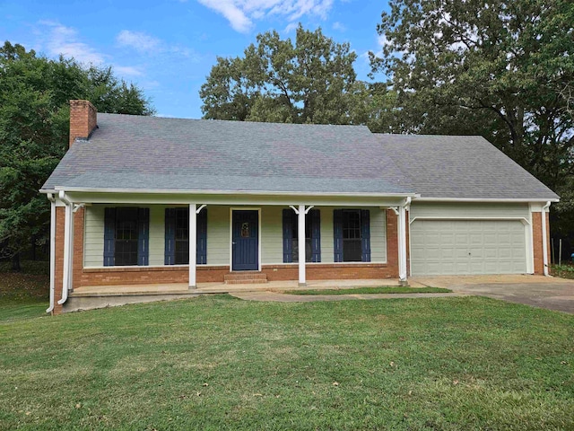 ranch-style house with a front lawn, covered porch, and a garage