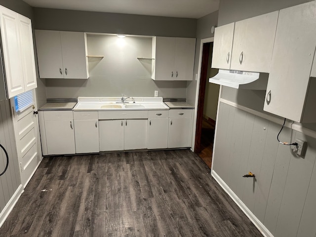 kitchen with white cabinets, sink, and dark hardwood / wood-style flooring