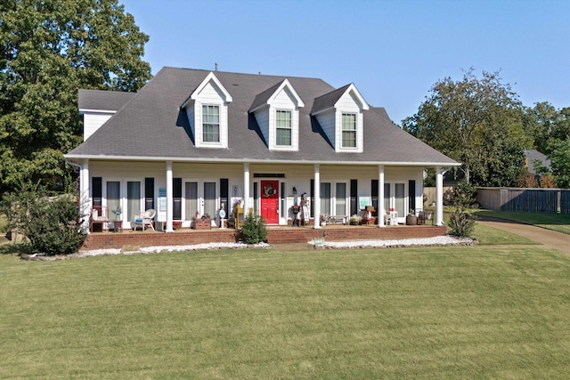 cape cod house featuring a porch and a front yard