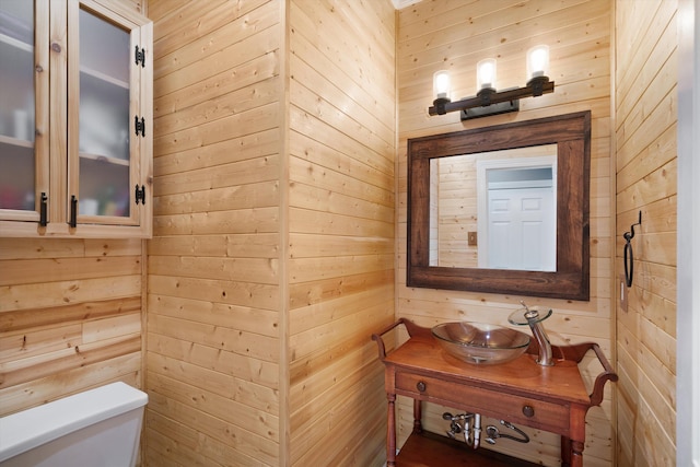 bathroom featuring toilet, wood walls, and vanity