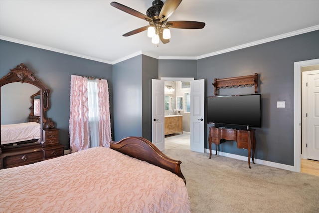 carpeted bedroom with multiple windows, ornamental molding, ensuite bath, and ceiling fan