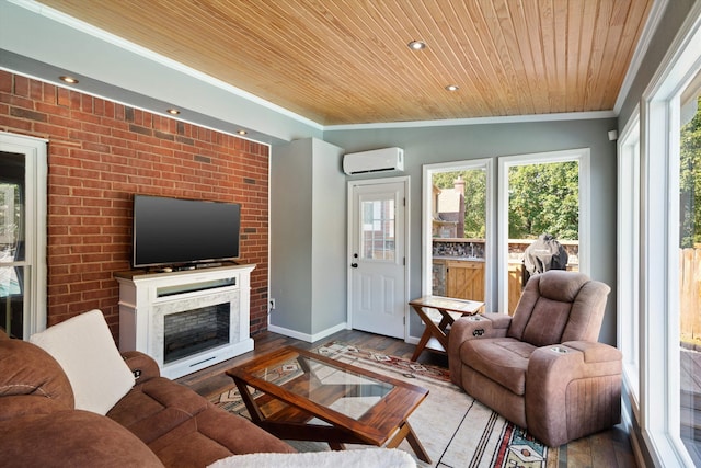 living room with wood ceiling, a wall mounted AC, wood-type flooring, vaulted ceiling, and ornamental molding