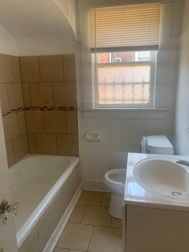 full bathroom with vanity, independent shower and bath, toilet, and tile patterned floors