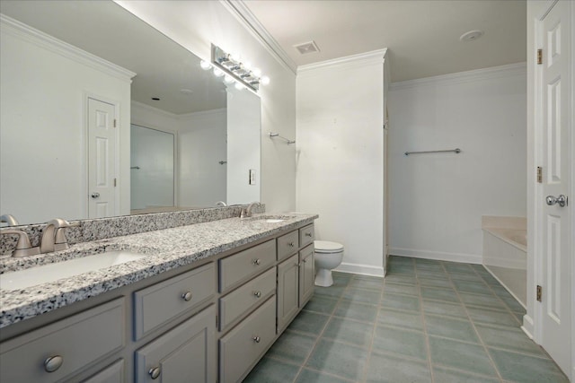 bathroom with vanity, a tub, ornamental molding, and toilet