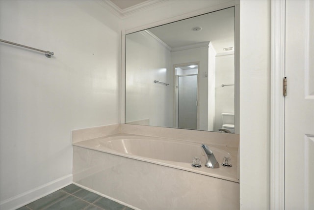 bathroom with toilet, crown molding, independent shower and bath, and tile patterned floors