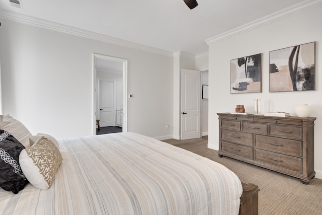 bedroom featuring ornamental molding, carpet floors, and ceiling fan