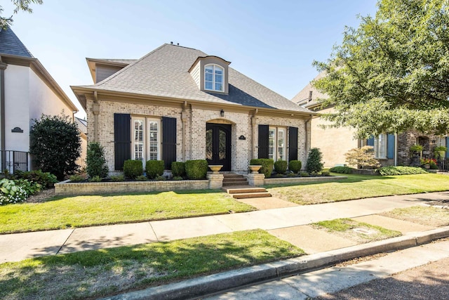 french country home with a front lawn