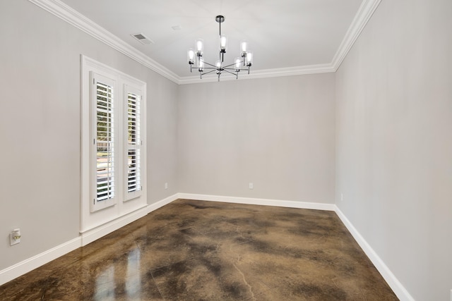 unfurnished room featuring a notable chandelier and ornamental molding