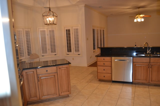 kitchen featuring sink, decorative light fixtures, light tile patterned floors, stainless steel dishwasher, and ceiling fan with notable chandelier