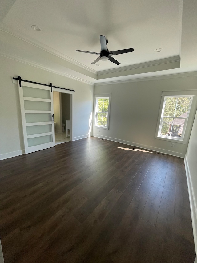 unfurnished room with a barn door, plenty of natural light, dark wood-type flooring, and a tray ceiling