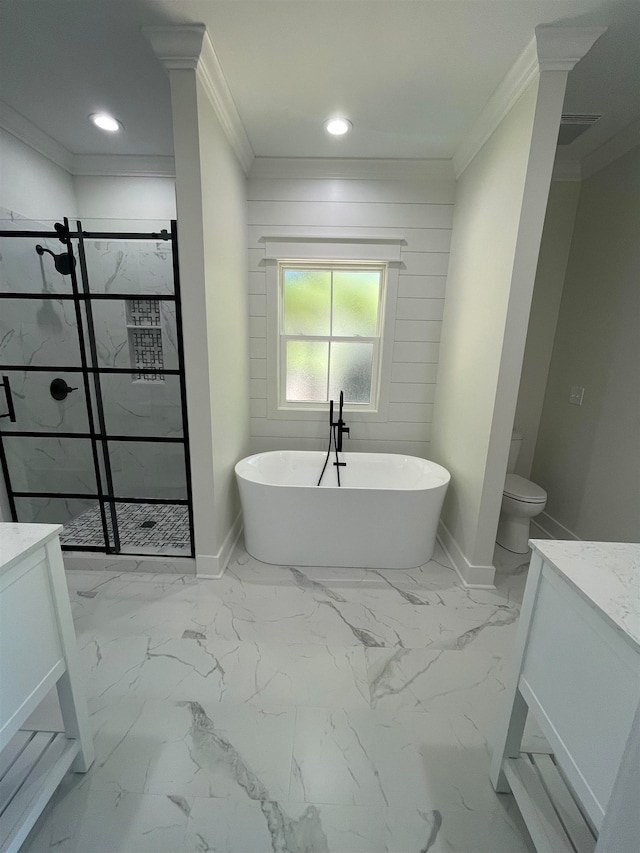 full bathroom with toilet, vanity, crown molding, and separate shower and tub