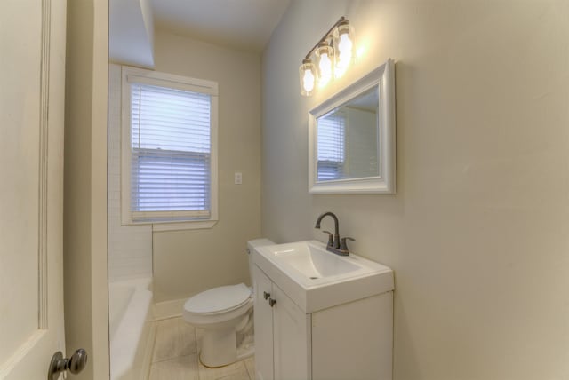 full bathroom featuring vanity, independent shower and bath, toilet, and tile patterned flooring