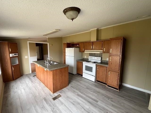 kitchen with sink, light hardwood / wood-style flooring, white appliances, and an island with sink