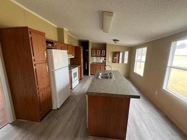 kitchen featuring white appliances, sink, light wood-type flooring, a textured ceiling, and vaulted ceiling